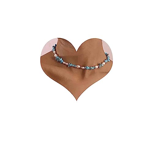 Cimenexe - Gargantilla bohemia azul turquesa, cadena de perlas, collar de clavícula, collar corto de piedra turquesa, cadena, gargantilla de cuentas azules, joyería para mujeres y niñas