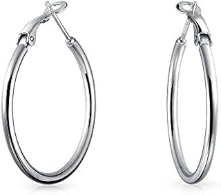 Polished Finish Round Tube Hoop Earrings For Women .925 Sterling Silver Hinged Notched Post 1.4 Inch Diameter