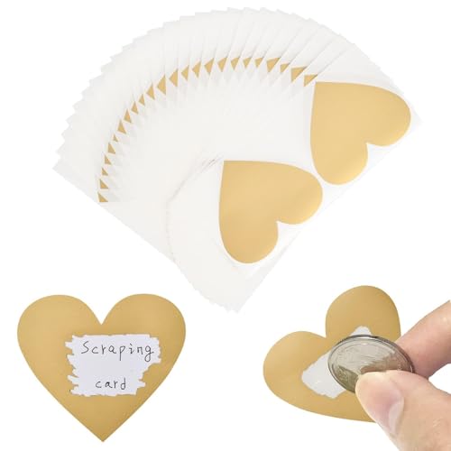 50 Pièces Autocollants à Gratter 8 x7 cm, Grand Cartes à Gratter Coeur Or, DIY Scratch Card Sticker pour Carte Postale Surprise, Message Secret,...