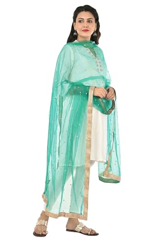 Image of YOUTHQUAKE Women's Net Embroidered Full Size Dupatta With 4 Side Golden Lace