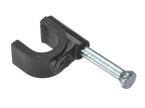 Forgefix Cable Clips - Round | 6-7mm | Black Plastic Clip, Zinc Plated Nail | Box 100