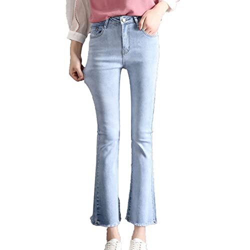 Maiyifu-GJ Women's High Waist Ankle Flare Denim Jeans Skinny Bell Bottom Pencil Denim Pants Destroyed Raw Hem Jean Trousers (Light Blue,28)