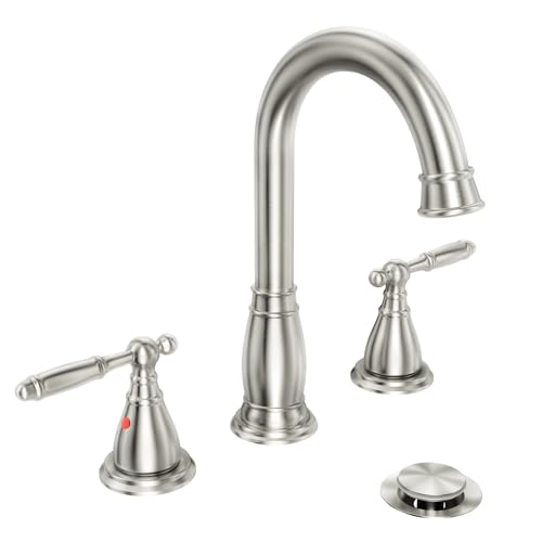 Phiestina 3-Hole 8 inch 2-Handle Brushed Nickel Widespread Bathroom Faucets with Valve and Metal Pop-Up Drain Assembly, WF017-4-BN