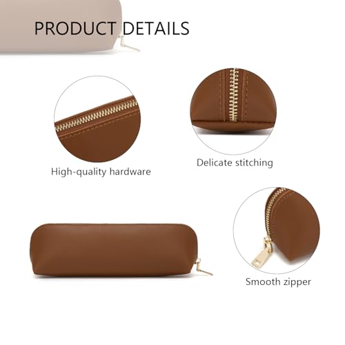 Image of Faux Leather Pencil Case Simple Color Bag Zipper Lightweight Storage (Yellow Brown)