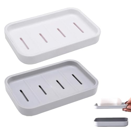 2 Pieza Jabonera de baño con Drenaje, Jabonera Doble Capa con Desagüe Bandeja de Jabón Rectangular Plástico Portátil, Ahorro de Jabón para Ducha con Tapa para Baño Lavabo Cocina (Blanco, Gris)