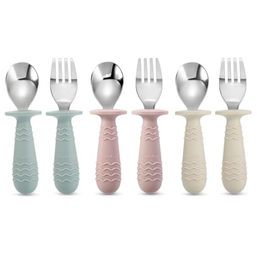 PandaEar 6 Stück Kinderbesteck| Silikongriff Edelstahl Kindergeschirr Set | Baby Besteck Esslernbesteck ab 1 jahr | Kinder Löffel und Gabel Set für Baby Kleinkind (Blau Rosa Weiß)