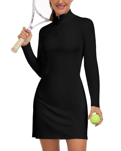 Woweny Women'S Tennis Dress Long Sleeve Golf Dresses With Shorts Zip Front Golf Outfits Upf 50+ Workout Athletic Dresses Black L