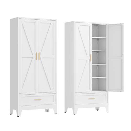 Image of 71 inch Tall Kitchen Pantry Cabinet,Farmhouse Pantry Cabinet,Metal Cabinet with Adjustable Shelves and Drawer,Storage Cabinet for Kitchen Dining Room Garage,White 1 Pack