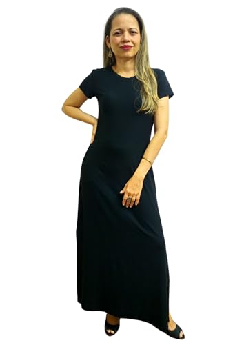 Vestido Longo De Malha Com Fendas, Bolsos E Manga Curta (BR, Alfa, G, Regular, Regular, Preto)