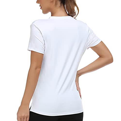 Mier Women's Collarless Tennis Shirts Short Sleeve Quick Dry Golf Polo, Moisture Wicking & Soft Vneck Polo Tees, White, M #TOP5
