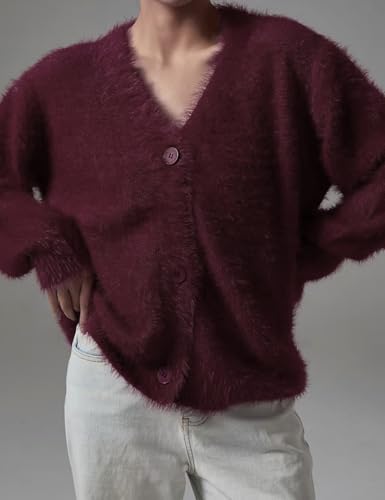 Image of COZYPOIN Womens Fuzzy Cardigan Sweater V Neck Button Down Soft Knit Coat | Loose, Comfy, Slouchy Drop Shoulder, Long Sleeve Fluffy Mohair, Warm, For Daily Work Holiday, Spring Fall Winter Fashion