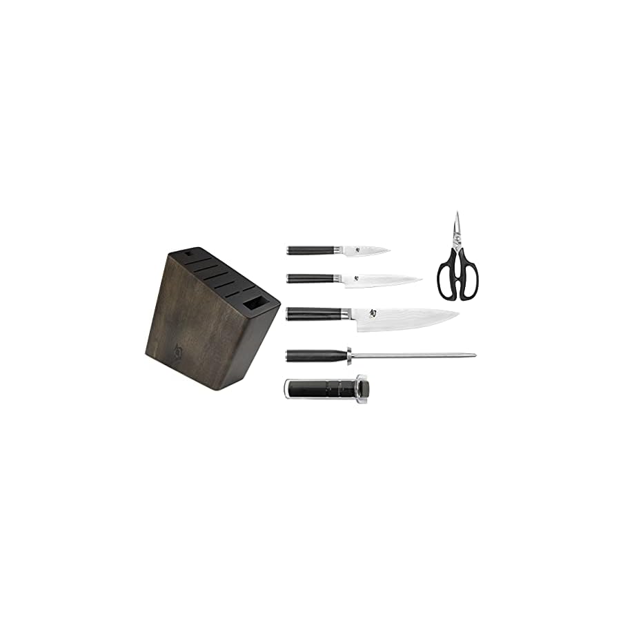 Shun Classic 7 Piece Dark Block Set with Sharpener, Includes 8" Chef's Knife, 3.5" Paring Knife, 6" Utility Knife, Shears & Honing Steel, Handcrafted Japanese Knife Block Set, Pakkawood Handles