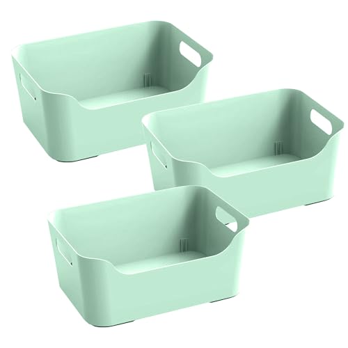 Image of KOLORR Jolly Plastic Medium Baskets with Handle for Storage Box| Multipurpose Light Weight Plastic Baskets organiser for Make-up Stationary Cosmetics Kitchen Livingroom Bathroom | Pack of 3 - Mint