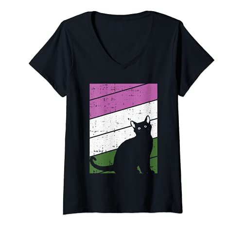 Donna black cat gender-queer pride kitten lover lgbt-q proud ally maglietta con collo a v