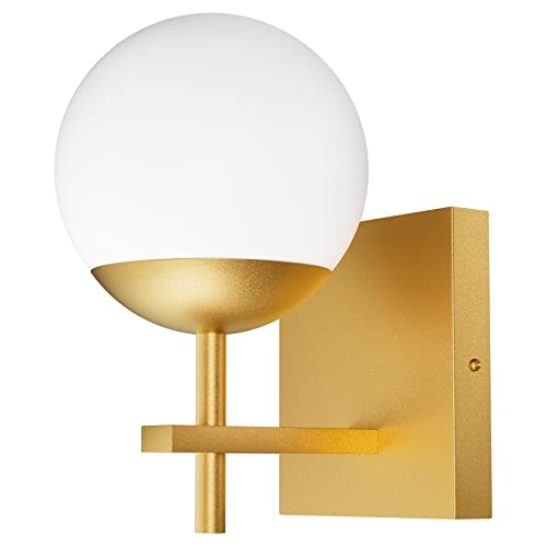 Image of Ralbay Gold Wall Sconce, Mid Century Modern Gold Wall Light Fixtures Milky Glass Indoor Wall Lamp for Home Decor Bathroom Kitchen Living Room Vanity Hallway, Gold 1 Light (Exclude Bulb)
