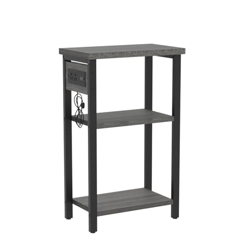 Aheaplus Sofa End/ Side Table Set of 2 with Charging Station, USB Ports & Outlets, 3 Tier Slim Narrow Bedside Nightstand with Storage Shelf for Bedroom, Living Room, Grey Oak