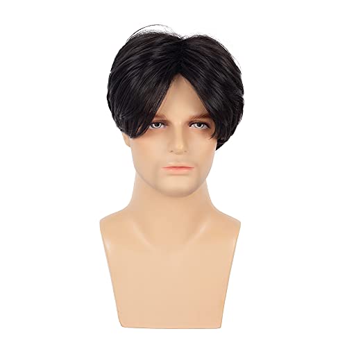 Image of Swiking Men Wigs Short Black Straight Middle Part Synthetic Hair for Male Guy Halloween Cosplay Party Wigs with Cap (Black)