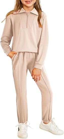 Image of Girls Fall Outfits Quarter Zip Pullover Jogger Sweatsuit Sets Size 6-15