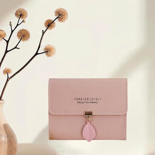 PU Leather Ladies Wallet Small with Metal Push Button Leaf Pendant, Bifold Short Wallet Ladies with Multi Cards Slots (Pink)