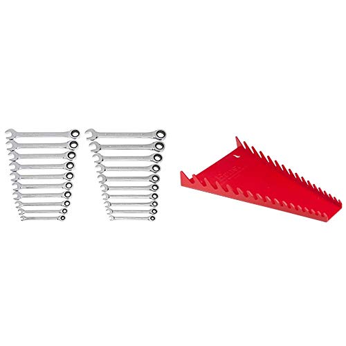 GEARWRENCH 20 Pc. Ratcheting Wrench Set, SAE/Metric - 35720 & Ernst 5060-Red 16-Tool Standard Wrench Organizer, Red
