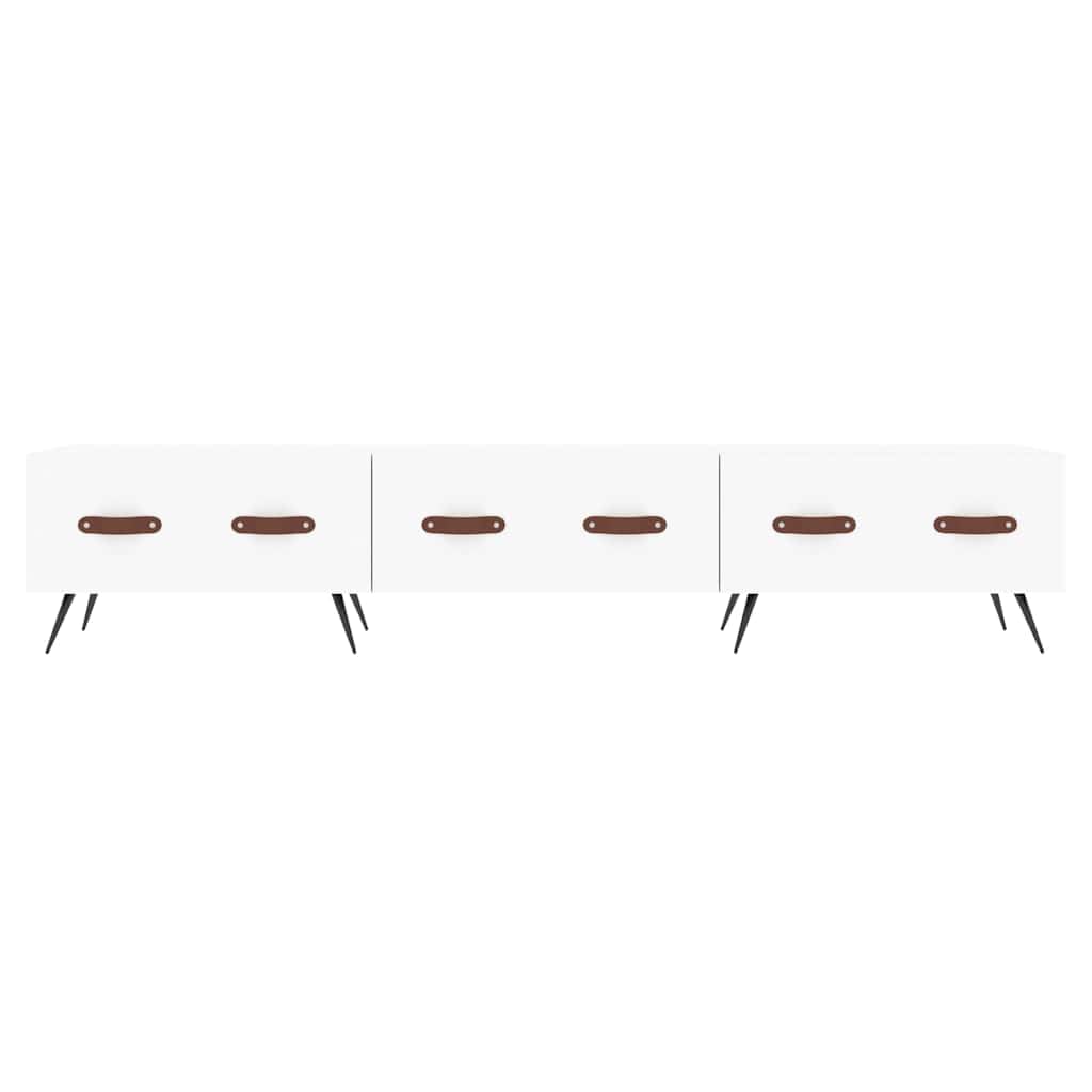 Szafka pod telewizor biała 150 x 36 x 30 cm, wytrzymały materiał drewnopochodny, 3 szuflady, żelazne nogi, stylowe meble multimedialne do salonu i sypialni, odporna na wilgoć