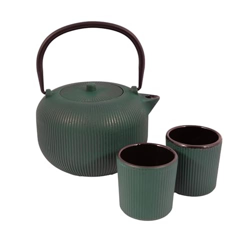 Point-Virgule set de théière nervurée en fonte et 2 tasses revêtement émaillé intérieur Forest Green