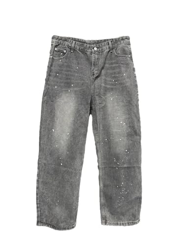 Men's Vintage Splash-Ink Washed Denim Pants, Contrast Color, Casual Wide Leg, Trendy Machete Jeans