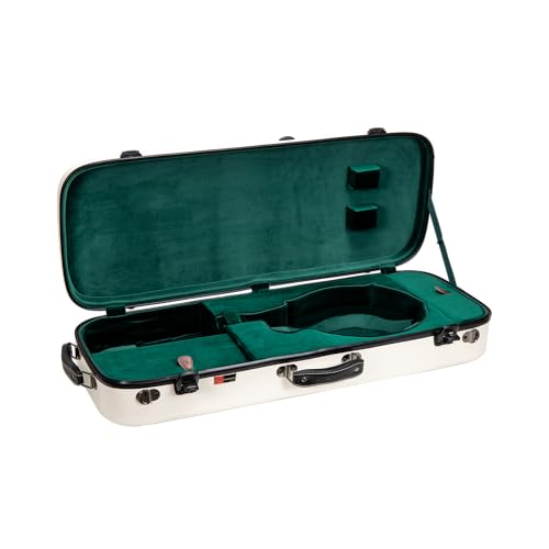 Image of Crossrock Fiberglass Mandolin Case - Oblong for A & F-Style (Universal Fit) | Milky White Gloss, Forest Green Velvet, TSA Lock, Hygrometer, Backpack Straps - Pro Travel Series