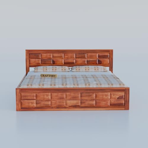 Image of Solid Sheesham Wood Queen Size Bed with Storage | Wooden Double Bed Cot for Bedroom & Home | Palang Double Bed with Designer Headboard | Honey Finish, 81 x 62 Inch