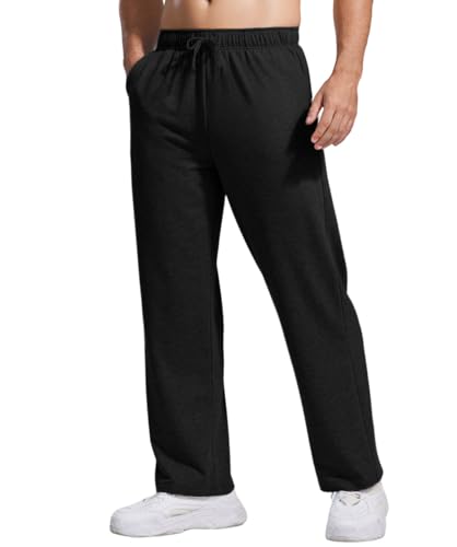 PINSPARK Pantalones de chándal de algodón para hombre, pantalones deportivos sueltos, informales, pierna ancha, ligeros, con bolsillos y cordón, Negro, XL