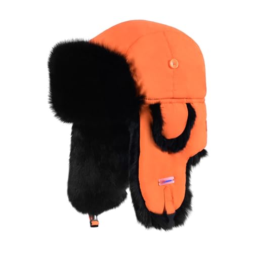 Winter Trapper Hat,100% Rabbit Fur Russian Ushanka Aviator Hunting Ski Hat Winter Hat with Ear Flaps for Men Women Orange