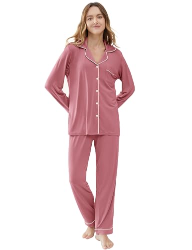 Image of Cherrydew Women's Bamboo Viscose Cooling Long Sleeve Button Up Pajama Set | Buttery-Soft Feel • Naturally Cool Comfort • Breathable Fabric • Relaxed Fit • Sleep & Lounge Ready