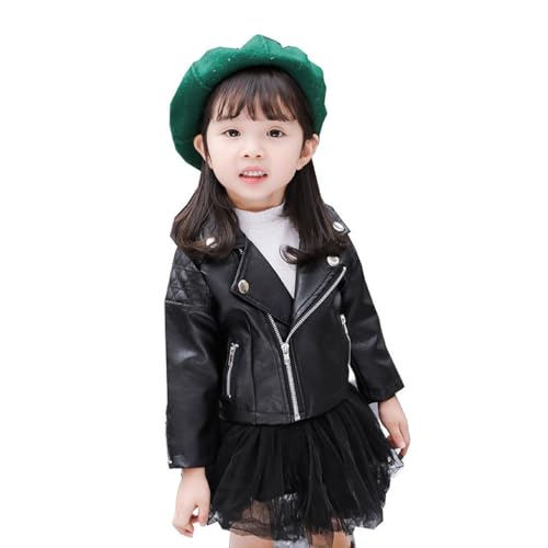 Toddler Girls Leather Jacket, Kids Zip Up Notched Collar Motorcycle Biker Leather Coats with Zipper Pockets