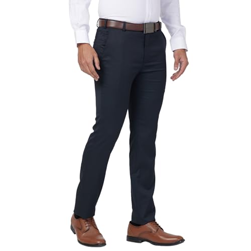 Image of Raymond Men's Mid Rise Slim Fit Structure Pattern Polyester Blend Pleated Formal Trouser