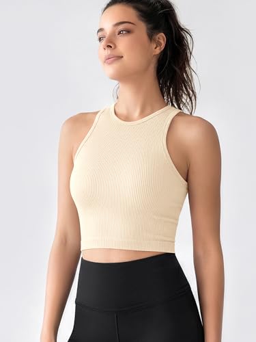 Image of ODODOS 3-Pack Seamless Crop Tank for Women Ribbed Soft High Neck Cropped Tops
