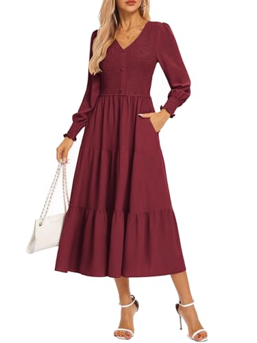 Kate Kasin Womens Long Sleeve Midi Dress, Casual Flowy Smocked Waist Work Dress Pockets, Elegant Fall Dresses 2025