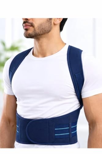 Image of Posture Corrector Belt for Men & Women | Adjustable Back Brace | Upper Back & Shoulder Support | Neoprene Spine Corrector Belt | Relieves Back Pain, Neck Hump & Rounded Shoulders (Navy Blue)