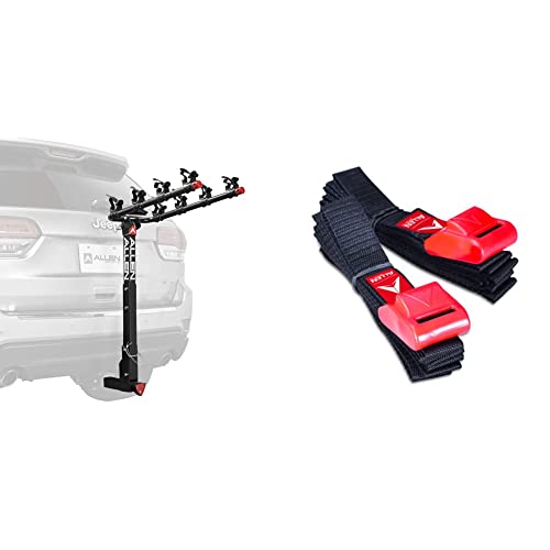 Image of Allen Sports Deluxe Locking Quick Release 4-Bike Carrier for 2 Inch Hitch, Model 542QR, Black & Sports 8 Ft Polyester Cargo Straps with Padded Cam Buckles (500 lb Break Strength), Model 508S