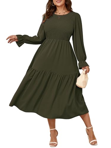 Women's Plus Size Dress Long Sleeve Crewneck Smocked Tiered Flowy...