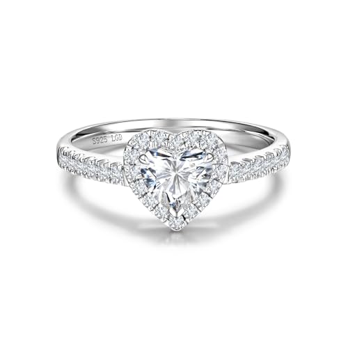 AGVANA 'Eternal Heartbeat' 0.5-1.3 Ct. Tw. Lab Grown Diamond Halo Heart Engagement Ring in Sterling Silver (0.3-1 Carat Main Stone) Promise Anniversary Wedding Ring for Women (D-E Color, VS Clarity)