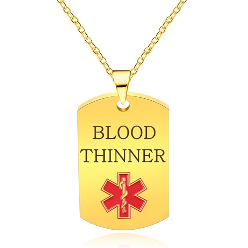Oneress Collar Anticoagulante ID, Dog Tag ICE Chapado Oro Negro, Colgante Alergia Diabetes Mixte YA5217 Gold BLOOD