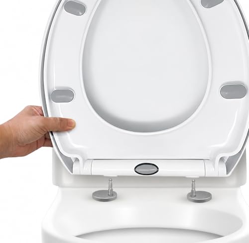CUQOO WC-Sitz mit Absenkautomatik und Schnellverschluss – Ovaler Toilettensitz in Weiß | Verstellbar, Rutschfest, Einfache Reinigung, Universelle Passform für Standard-Toiletten