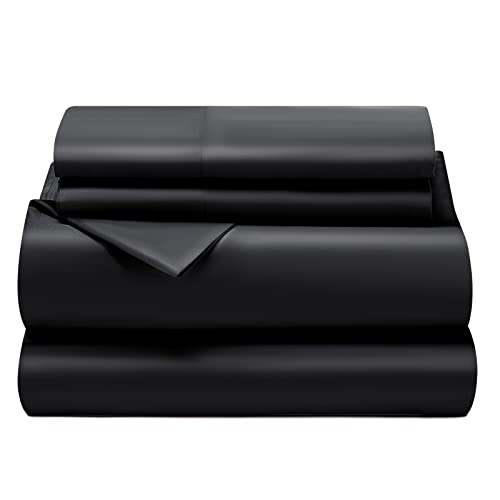 Image of CozyLux Cooling Sheets Queen Size, Rayon derived from Bamboo, Oeko-TEX Certified Luxuriously Soft & Cooling Silky Sheet Set - 16 inch Deep Pockets 4 Piece Bedding Sheets & Pillowcases，Black