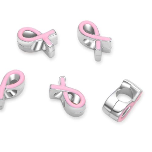 20pcs Pink Ribbon Symbol of Awareness Large Hole Enamel Beads (4.5mm Hole) Antique Silver