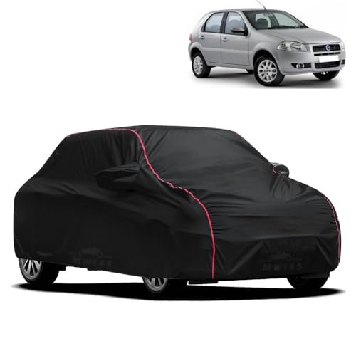 Image of Waterproof Car Cover for Fiat Palio Stile | All-Weather Protection, Dustproof & UV Resistant | Triple Stitched Mirror Pockets, Windproof Buckle Strap with Elastic Hem, Black-Red Piping