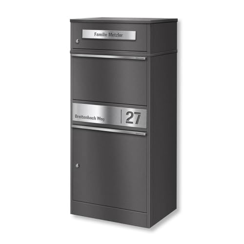 Metzler® boîte aux lettres avec compartiment colis sécurisé et plaque gravée personnalisée gris métallisé DB 703 – acier thermolaqué résistant,...