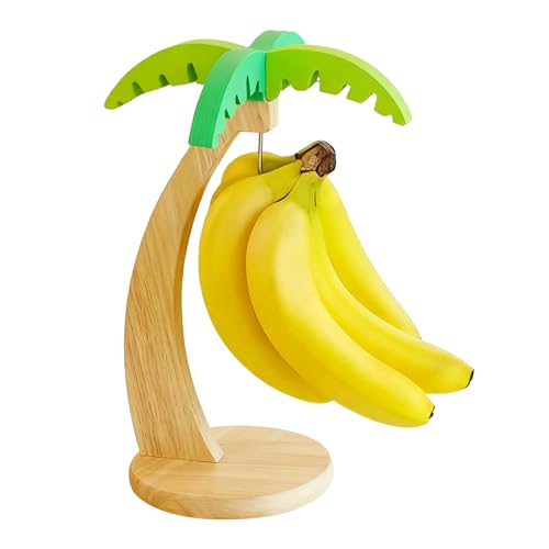 Zamety Banana Holder Stand Banana Hook Hanger Wooden Stand Fruit Rack for Kitchen Counter Tree Rack to Keep Fruits Fresh with Stainless Steel Hook Natural Wood Colour