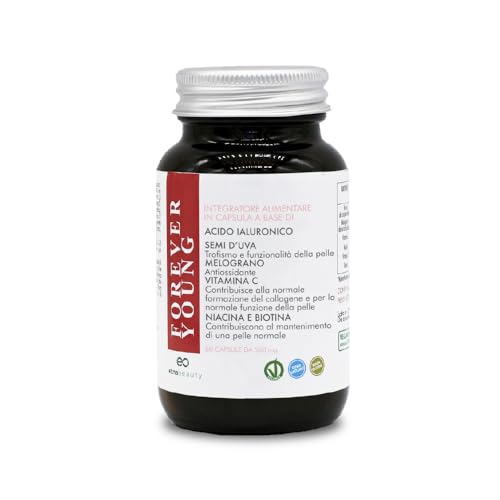 FOREVER YOUNG | Antiossidante Anti-Invecchiamento | Alto Contenuto di Antiossidanti | Vitamina C, L-prolina e Acido Ialuronico | Miscela di Vitamine E, Biotina e Niacina | 60 Capsule