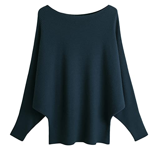 GABERLY Boat Neck Batwing Sleeves Dolman Knitted Sweaters and Pullovers Tops for Women, Navy Blue, One size