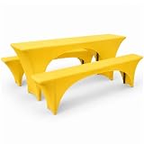 Highdi Stretch Biertischhussen-Set 3tlg. für Bierzeltgarnitur - Elastische Tischhussen und Bierbank Hussen für 70cm Tischbreite für Bankett Outdoor Möbel Schonbezüge (220x70x70cm, Gelb)